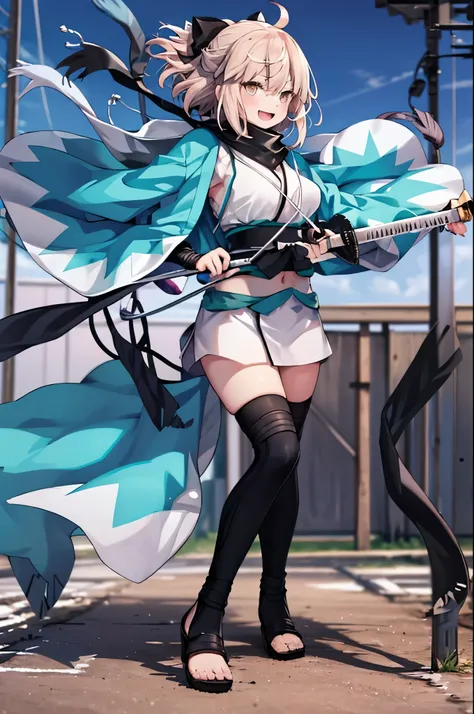 meticulous details, good composition, , cute face, perfect face, perfect hands, 1teen_girl,okita souji \(FGO\), okita souji \(fate\), pale_pink_ponytail,black_bow,sleeveless_white_short_kimono,
 smile,happy,gold_half_eyes, thigh-highs, straw_sandals,medium...