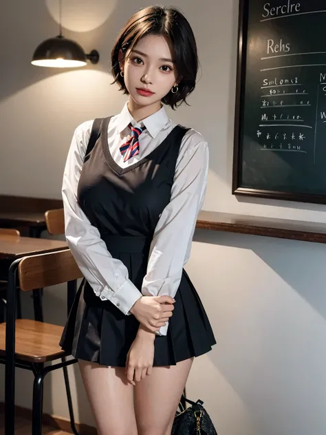 mole under eyes, earring, very huge round breasts, wavy hair, medium short hair, hair behind ear, hair ornament, legs, school uniform, dress shirt, mini skirt,