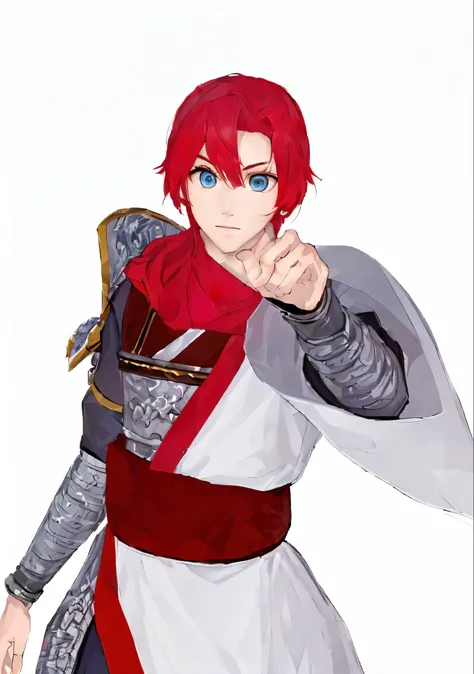 A person with red hair and a white coat lined with armor,  3d, j cosplay, Maxwell Rendering,  Battle Pose ,  Warrior Stance ,  Jerma 985,  anime style,  cosplay,  Chinese style military commander ，Three Kingdoms Warriors ， Three Kingdoms， Junior Shogun ，bl...