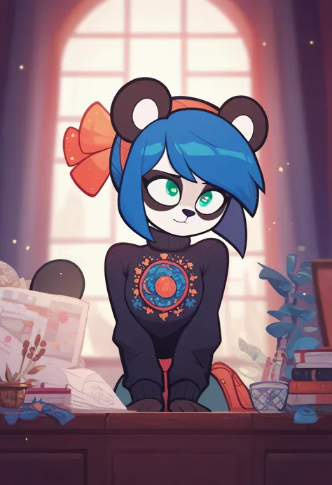 female panda , Masterpiece, green eyes , the best quality,  Blue Hair, Panda ears, Panda tail ,  black sweater, turtleneck sweater, Alone, Looking at the spectator.