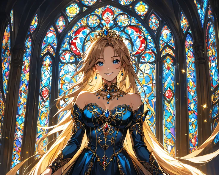 anime、 anime tone、 anime illustration、2D、Hand drawn style anime、tired art、 girl manga 、 stained glass、Illuminated by stained glass light、Woman with an oblique angle、(Retrospective beauty pose , skirt)、A Beautiful Teenage Woman( big smile full of happiness...