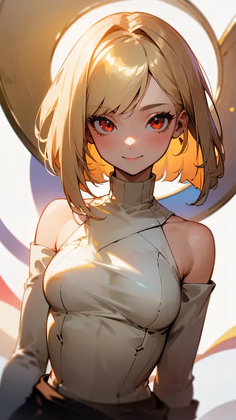 1 girl、Medium Breast、medium waist 、 Attractive Body、 white skin、smile、 Long Bob Cut 、blonde、red round eyes、 disheveled hair、Thin Hair、Shiny Hair、sweater taken off the shoulder、upper body closeup