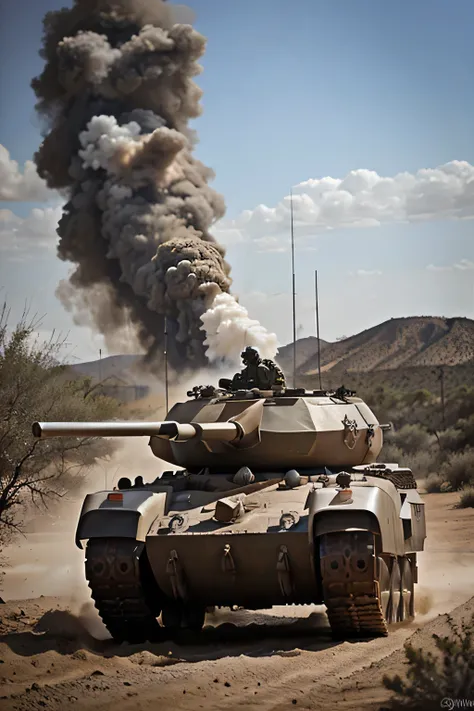 and 2 heavy tanks run towards the audience while rolling up dust and smoke, The stubby heavy tank is equipped with 150mm continuous guns, a battle mech 12 meters high appears from inside a cloud of dust behind the tank,  desert setting , dramatic lighting,...