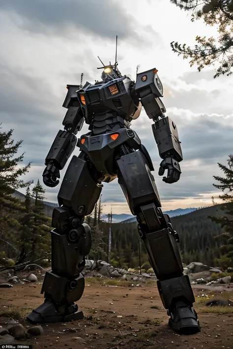 A 20-meter-high combat mech likely to be in a modern military holds a gun and is wary of the surroundings, Wilderness Settings, dramatic lighting, hyperrealism