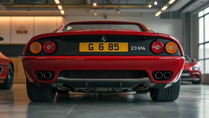 An ultra-HD 8K close-up of the Ferrari 296 GTB's rear diffuser and exhaust pipes, emphasizing the car's aerodynamic efficiency. The modern showroom background with premium lighting enhances the details.  
