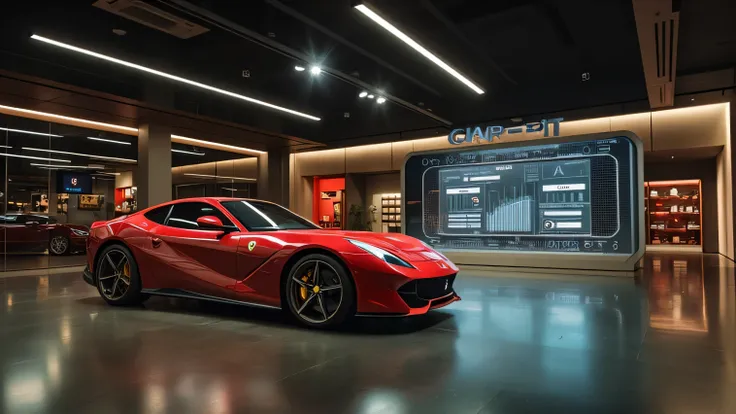 A photorealistic cinematic ultra-HD 8K image of the Ferrari 296 GTB in the showroom, showing a digital display next to it explaining how the hybrid system enhances power delivery and acceleration.  
