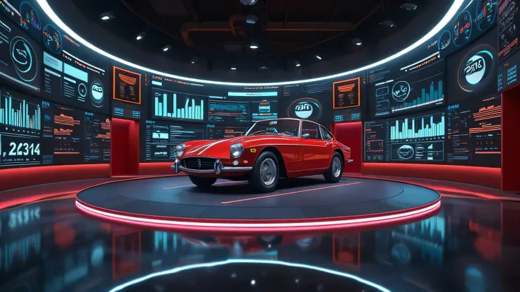 A cinematic ultra-HD 8K image of a modern showroom featuring a Ferrari 296 GTB on a rotating platform, surrounded by high-tech LED screens showing performance data and driving modes.  
