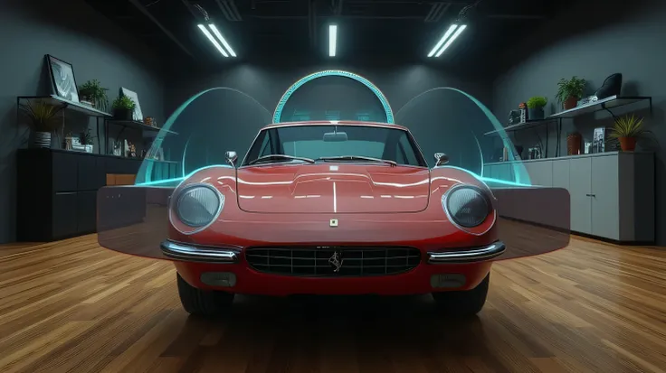 An ultra-HD 8K hyper-realistic image of a luxury car showroom with a Ferrari 296 GTB displayed under bright LED spotlights. A holographic display shows the car’s weight distribution and handling advantages.  
