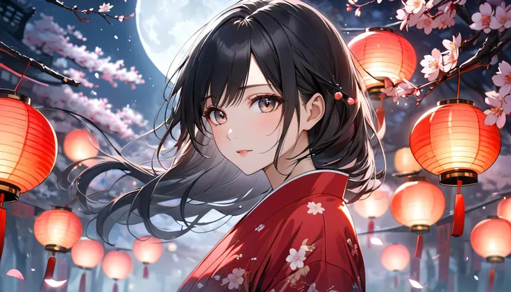 A close-up of a beautiful woman with long, flowing black hair wearing a crimson-red yukata. She gazes alluringly at the viewer with a soft, elegant expression, her features highlighted by the gentle moonlight. The background features an ethereal, dreamlike...