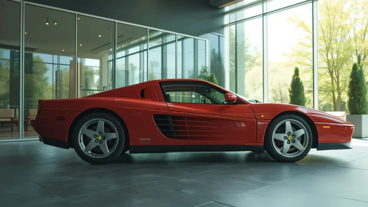 A hyper-realistic ultra-HD 8K image of a Ferrari 296 GTB’s side profile in a showroom with glass walls, showing its signature aerodynamic side air intakes and carbon fiber details under bright natural light.  
