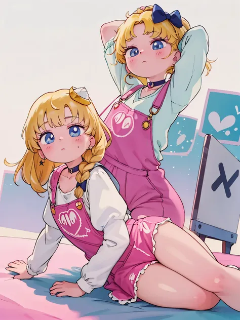 masterpiece,best quality,amazing quality, tsukino usagi, 1girl, solo, long hair, looking at viewer, blush, blue eyes, shirt, blonde hair, long sleeves, hair ornament, white background, bow, closed mouth, jewelry, very long hair, sitting, twintails, full b...