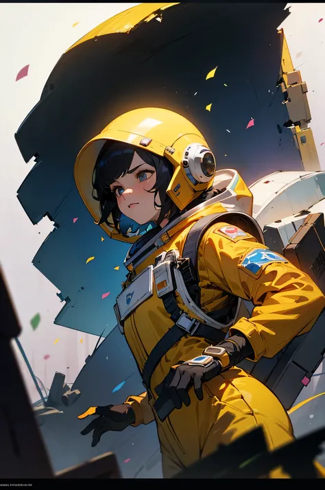 An astronaut girl in a yellow jumpsuit against the background of the destroyed space guard of an unknown planet. confetti ,  Watercolor painting , , complemented by shading with pastel pencils , узор из confetti,  to embody double exposure and memories ,  ...