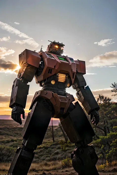 A 20-meter-high combat mech likely to be in a modern military holds a gun and is wary of the surroundings, Wilderness Settings, dramatic lighting, hyperrealism, Battle mechs with an overall thick body, A photo focusing on the upper body of a combat mech, b...