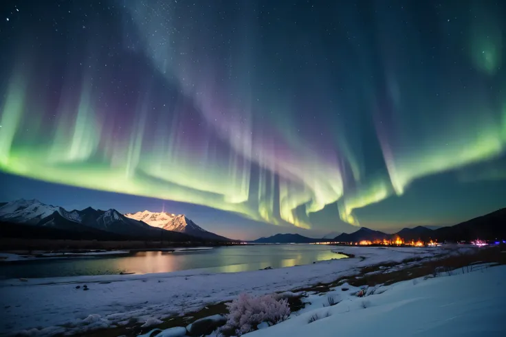 Snowy landscape and cherry blossoms in full bloom、A big moon and mysterious auroras in the night sky