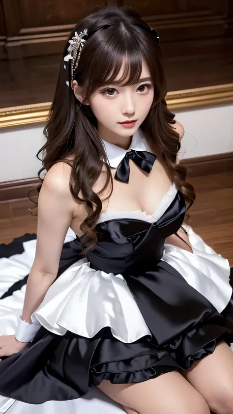 (((Top Quality))), (((Masterpiece))), (((Detail))), tall, looking at camera, face-to-face,  shiny black silk satin ruffle girly empire length wedding dress, hands thrust forward, Japanese, brown hair, long hair, gorgeous room,. Gorgeous ribbon hair accesso...