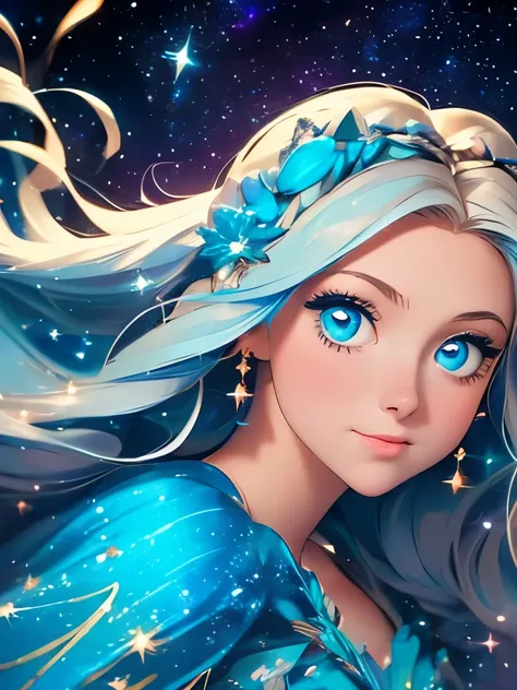 a close up of a woman with long hair wearing a dress, her hair is the milky way, wearing a dress made of stars, stars in her gazing eyes, anime girl with cosmic hair, blue swirling dress, dreamy illustration, cosmic girl, starry-night!!!!!!!!!!!!!!!!!!!!, ...