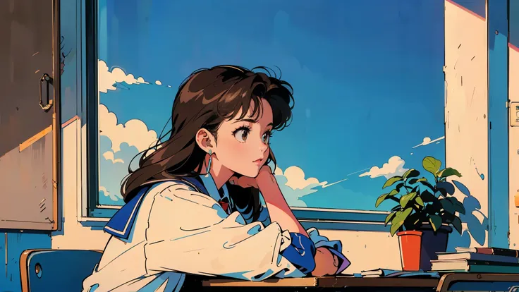 TOP QUALITY, 8k, 1980s Style,1980s hairstyles,  one young woman,  Lantern,  long hair,  light brown eyes , Roffy,  school uniform,  school classrooms, sitting at your study desk、Licensed、She looks out the window、blue sky、Schoolyard、