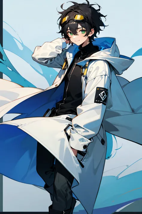 solo, (1boy, goggles on head:1.1), blue theme, zipper,, absurdres, ultra detailed, masterpiece, best quality, aesthetic, detailed,, ultra detailed, masterpiece, best quality, solo, smile, 1boy, green eyes, short hair, black hair, bangs, hair between eyes, ...