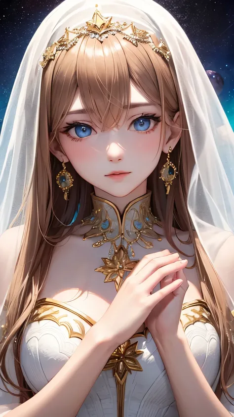 masterpiece, TOP QUALITY, 1 girl, Alone, front, earrings,   jewelry,  blue eyes,  long hair, Saint Mary , high neck dress, portrait, bangs,   hair between eyes,  Planet,  shoulder out, Sparkle,  Gold,  multicolor hair ,  pink background、 put your hands tog...