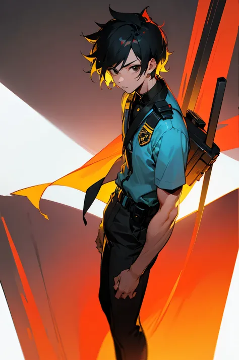 standing, facing me, police background, strong, standing, , , in station, detailed, facing viewer, facing down camera angle, detailed eyes, , random hairstyle, male, blank face, tall, Multicolored black hair, black eyes