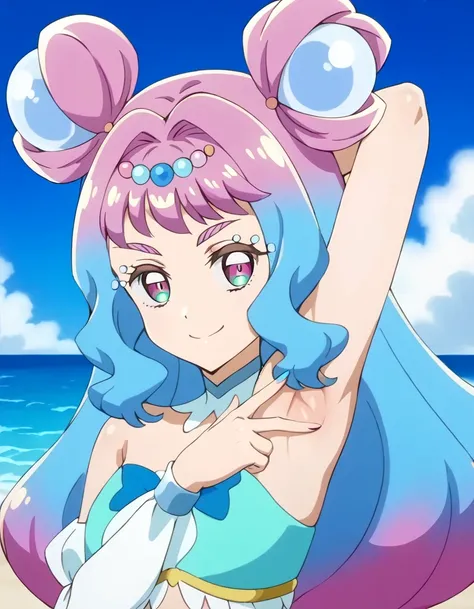 shiny skin, curelamer,  shiny skin, looking at viewer, high quality, solo, night sky, beach, arm behind head, finger on armpit, (contrapposto), spread armpits, closed mouth, smile, upper body, portrait,