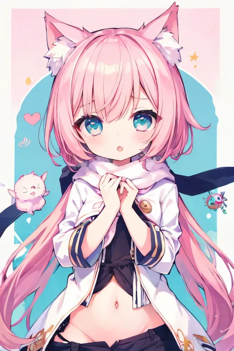  Very beautiful and shining eyes、 White Hot Pants、white and pink oversized jacket、  summer festival 、  night 、 ocean 、1 girl、 small breasts、big mouth、 high school girl、Stomach tattoo、 small breasts、Cat ears、pink hair、 scarf、 Apart from shaggy hair 、((((())...