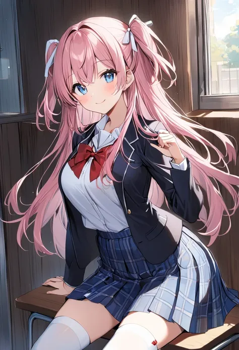 (1 girl)、 pink hair、  long hair、(two side up)、  white ribbon、   blue eyes、big breasted、  school uniform、white shirt、 Black blazer 、 red ribbon on her chest 、  Blue Skirt 、white plaid on the skirt、White knee socks、 smile、upright、  school classrooms