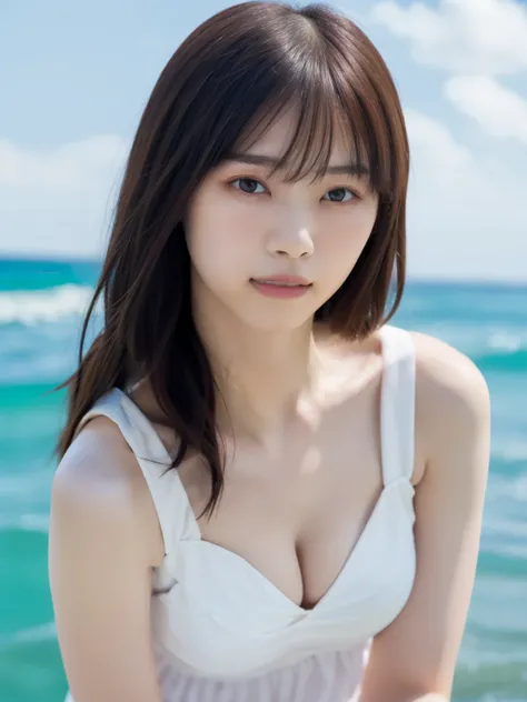  Greatest Masterpiece 、 TOP QUALITY , Ultra High Definition、White cache-coeur、break、pink flared skirt、break、１A beautiful Japanese girl is standing on the edge of the waves、big breasts、 I can see a little cleavage 、 summer beach、 Horizontal Line、Summer sky、...