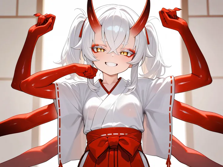 Masterpiece, detailed, high resolution illustration, 1 girl, Small breasts, long horns, bright skin, horns, oni, mesugaki, white hair, crossed bangs, twintails, white eyelashes, white eyebrows, red eyeshadow, medium hair, shiny skin, gold eyes, japanese cl...