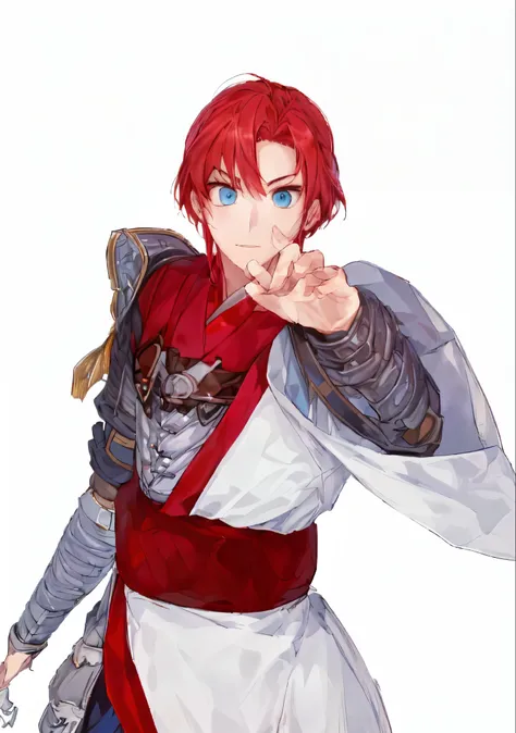 A person with red hair and a white coat lined with armor,  3d, j cosplay, Maxwell Rendering,  Battle Pose ,  Reality style,  cosplay,  Chinese style military commander ，Three Kingdoms Warriors ， Three Kingdoms， Junior Shogun ，blue eyes， with red hair ，Conf...