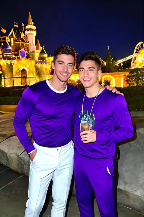 Two handsome men wearing purple clothes ,theme park