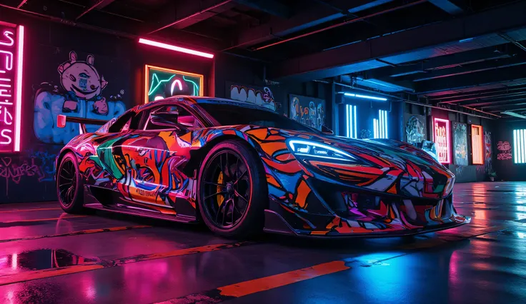 a realistic of ((neon colorful big sport car)), ((distance view background, distance view background))(background, background ((black wall background, dimming graffity colorful patterns on wall, dimming graffity colorful accents on wall, dimming graffity c...