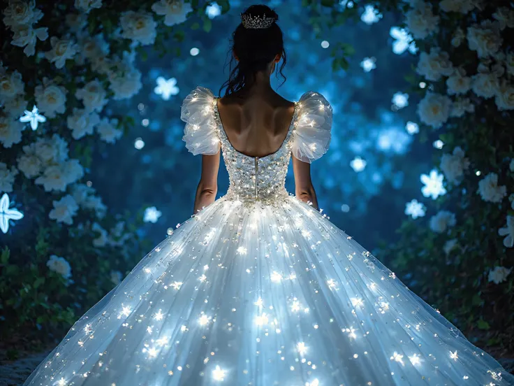 This image showcases another breathtaking dress lit up with flower lights that give the princess a stunning, almost magical look. The dress features a voluminous skirt in sheer fabric embellished with bright light details that look like constellations or s...