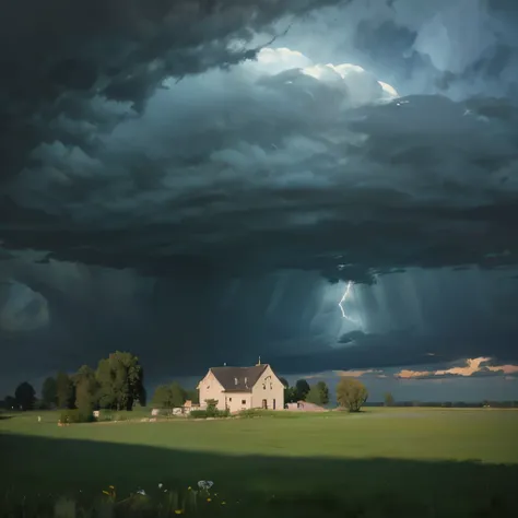 arafed image of a house in a field with a green sky, mammatus clouds, surreal clouds, beautiful cloudy atmosphere, strange clouds, surreal!!!, dark mammatus cloud, breathtaking clouds, beautiful image ever created, toxic clouds, surreal photography, surrea...