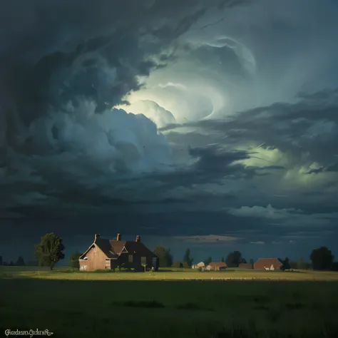 arafed image of a house in a field with a green sky, mammatus clouds, surreal clouds, beautiful cloudy atmosphere, strange clouds, surreal!!!, dark mammatus cloud, breathtaking clouds, beautiful image ever created, toxic clouds, surreal photography, surrea...