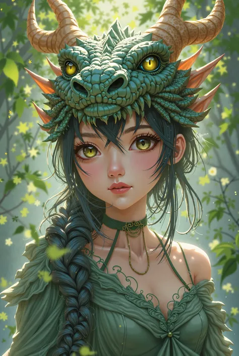 Anime girl with dragon head and green leaves in front of a puzzle,  Dragon Girl , the  Dragon Girl  portrait,  detailed anime art work, Jan J,  detailed anime art ,   detailed digital anime art,  Anime Fantasy Illustrations , Gwaiz,  anime fantasy art ,  f...