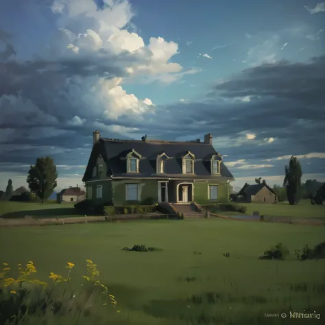 arafed image of a house in a field with a green sky, a picture by Liu Haisu, shutterstock contest winner, surrealism, mammatus clouds, surreal clouds, beautiful cloudy atmosphere, strange clouds, surreal!!!, dark mammatus cloud, breathtaking clouds, beauti...