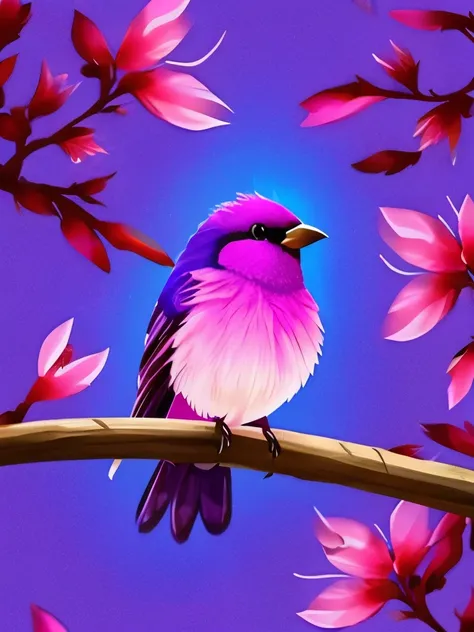 purple bird sitting on a branch with flowers in the background, magenta lighting. fantasy, glowing lights! digital painting, glowing purple, ethereal cardinal bird, fuschia leds, purple glow, glowing feathers, pink light, pink magic, glowing magic, soft pu...