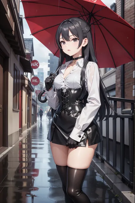 masterpiece, anime style, A young girl,  of foot, ( seen from the front ), (holds an umbrella with both hands), pretty face, blank stare, looking at the spectator, long black hair, detailed eyes,  black eyes,  choker : 1.6, (( long sleeve white shirt )), (...