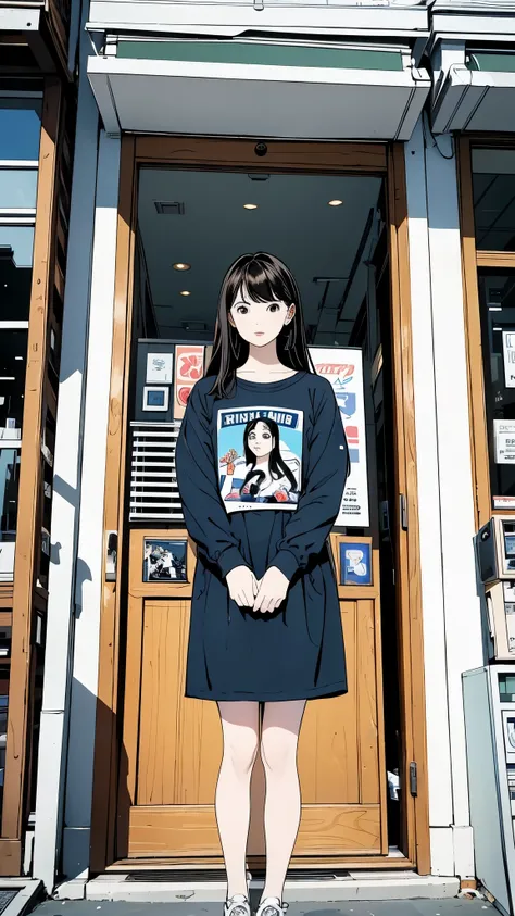  Fisheye 、Cartoon photo of a beautiful woman standing in front of a record store,  street casual、long hair、Bob Singer,  Adrienne Tomine , cartoon photo of a man standing in front of a record store, Digital rendering inspired by Chris Ware , Cliff Chan , Mu...