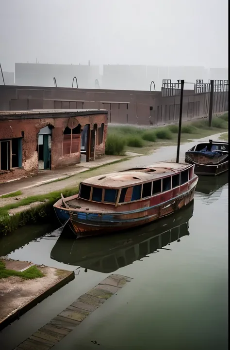 there is a boat that is sitting in the water near a building, abandoned places, postapocalyptic vibes, abandoned, misty ghost town, beautiful and mysterious, 8k)), an abandoned old, abandoned town, canal, abandoned buildings, eerie vibe, abandoned structur...