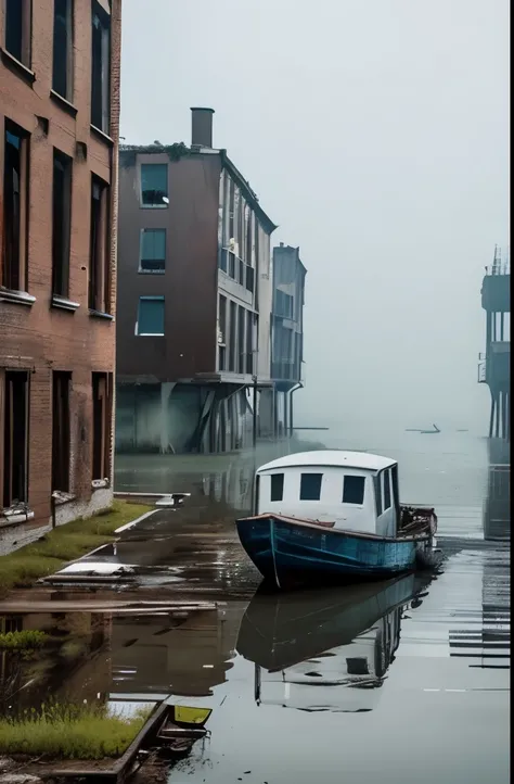 there is a boat that is sitting in the water near a building, abandoned places, postapocalyptic vibes, abandoned, misty ghost town, beautiful and mysterious, 8k)), an abandoned old, abandoned town, canal, abandoned buildings, eerie vibe, abandoned structur...