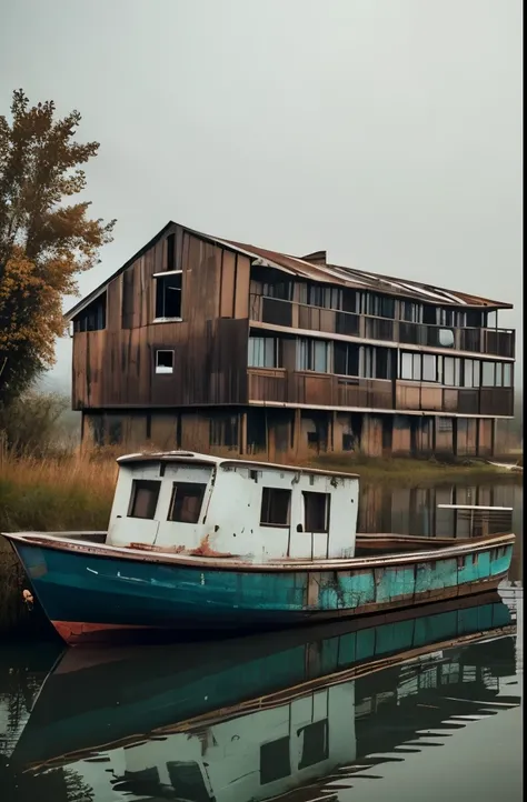 there is a boat that is sitting in the water near a building, abandoned places, postapocalyptic vibes, abandoned, misty ghost town, beautiful and mysterious, 8k)), an abandoned old, abandoned town, canal, abandoned buildings, eerie vibe, abandoned structur...