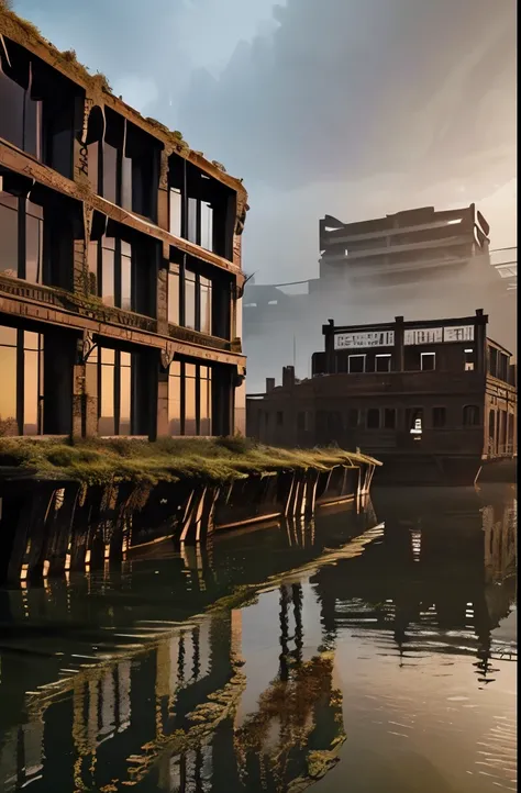 there is a boat that is sitting in the water near a building, a detailed matte painting by Jonathan Solter, pexels contest winner, renaissance, abandoned places, postapocalyptic vibes, abandoned, misty ghost town, beautiful and mysterious, an abandoned old...