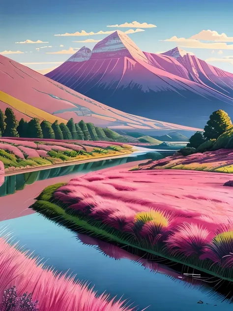 painting of a landscape with a river and mountains in the background, pink landscape, by Tom Scott RSA, pink grass, greig fraser, by Hamish MacDonald, rhys lee, artist - phil moss, by Sheila McClean, by Andrew Robertson, magenta colours, by Lee Loughridge,...