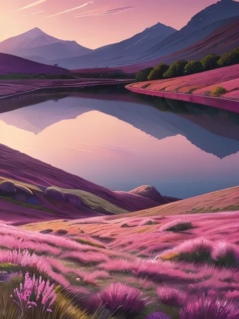 painting of a landscape with a river and mountains in the background, digital art by Tom Scott RSA, reddit, digital art, pink landscape, pink grass, greig fraser, rhys lee, artist - phil moss, magenta colours, moorland, gorgeous art, nicolas bouvier sparth...