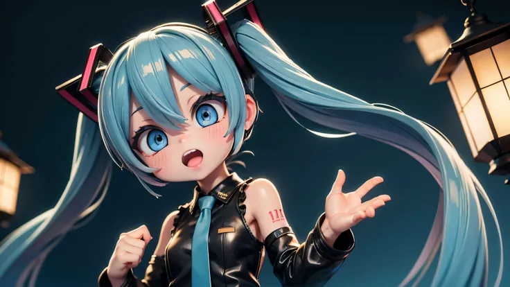 photorealistic,( masterpiece, TOP QUALITY:1.1),
(8k, TOP QUALITY,  masterpiece, ultra highres, Ultra High Definition:1.2),
Nendoroid
dynamic pose,
1 girl,  Hatsune Miku,  vocaloid,  blue eyes,  Lantern,  long hair,  Long Sleeve,  tie, sleeveless, sleeveles...