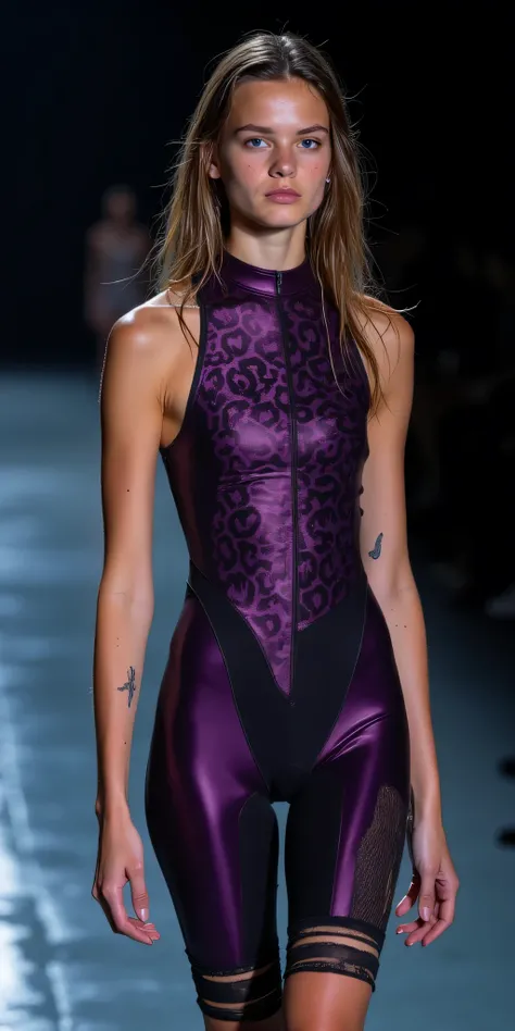 a beautiful wet young aged woman wearing a dull purple black jaguarprint leopard panther creative designer ripped cut wetsuit extreme highrise leotard crotch. Pointy hipbones pushed outfront, lots of bright light. Well-lit runway photo spotlight yungmodel,...