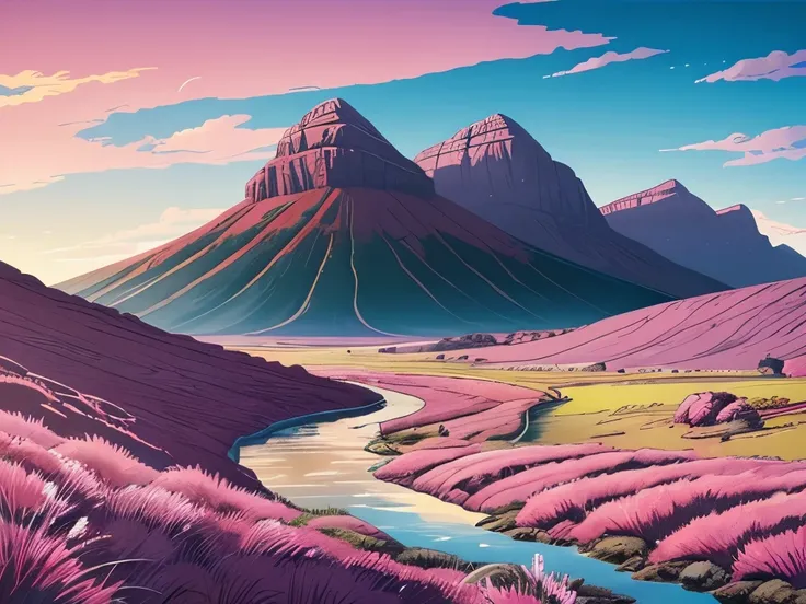 painting of a landscape with a river and mountains in the background, digital art by Tom Scott RSA, reddit, digital art, pink landscape, pink grass, greig fraser, rhys lee, artist - phil moss, magenta colours, moorland, gorgeous art, nicolas bouvier sparth...