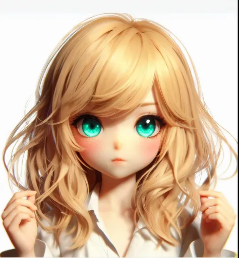 Beautiful , Naked anime, blonde hair and lasio, her eyes like emeralds, anime style,  short stature, a sweet and innocent smile, spreading her arms while dancing, This girl&#39;s hairstyle is blonde hair, loose and wavy. She has locks that fall around her ...